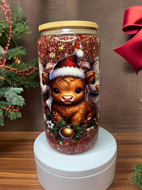 Ready to Ship Christmas Cow Glass Tumbler with Handle