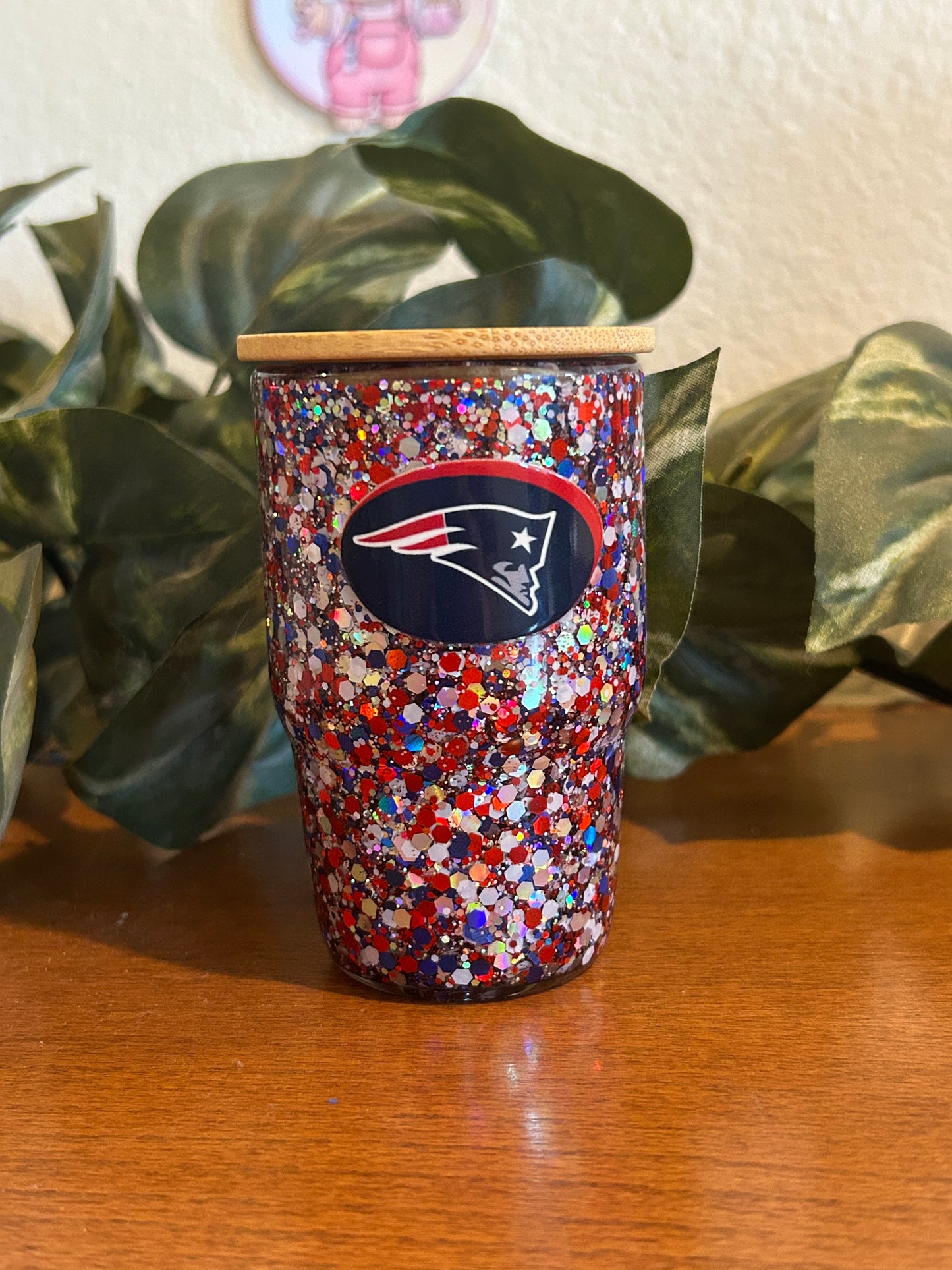 Premade Patriots 3oz glass shot glass.