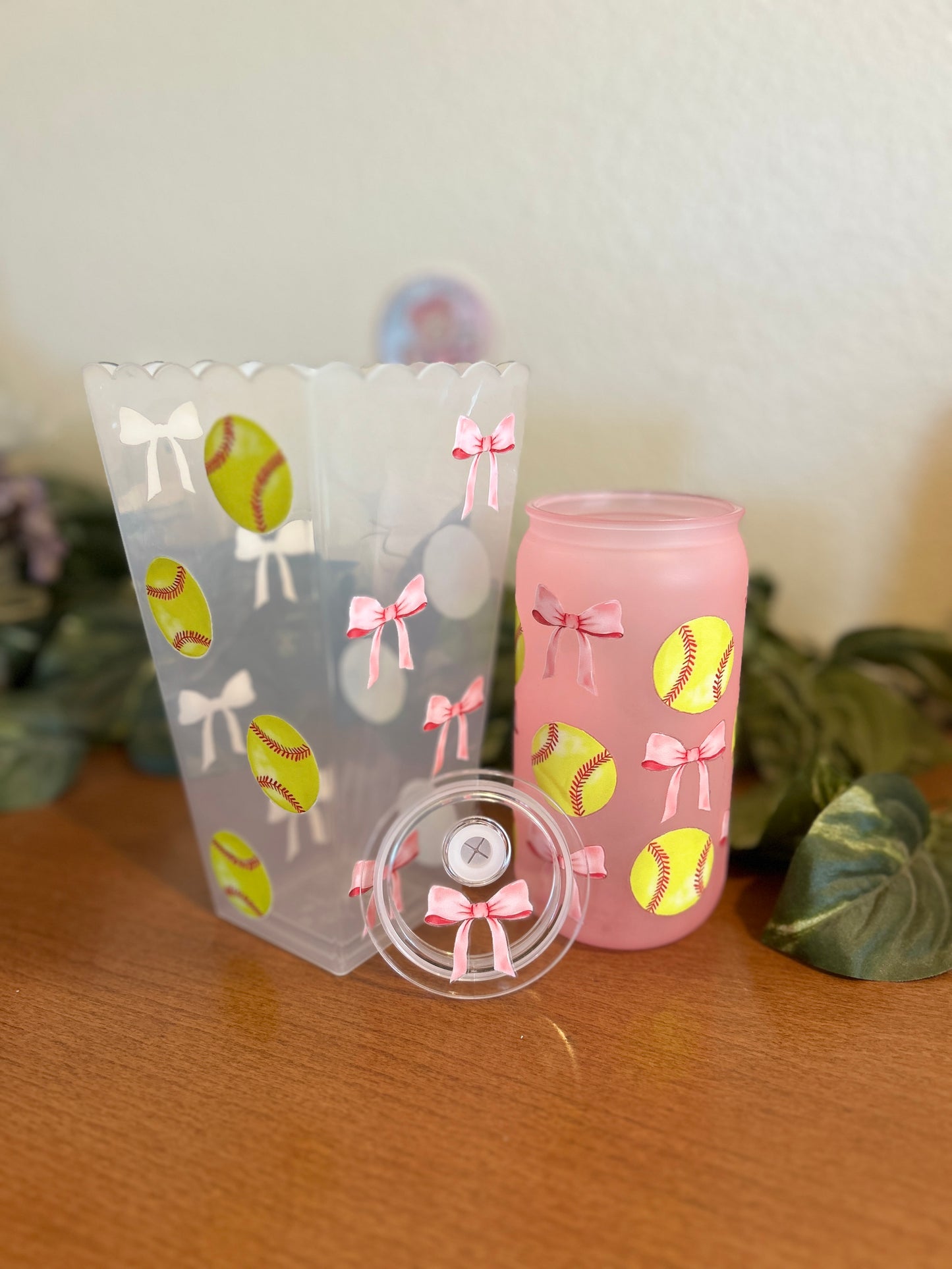 Girls Softball Popcorn Container with Matching Pink Can Style Tumbler