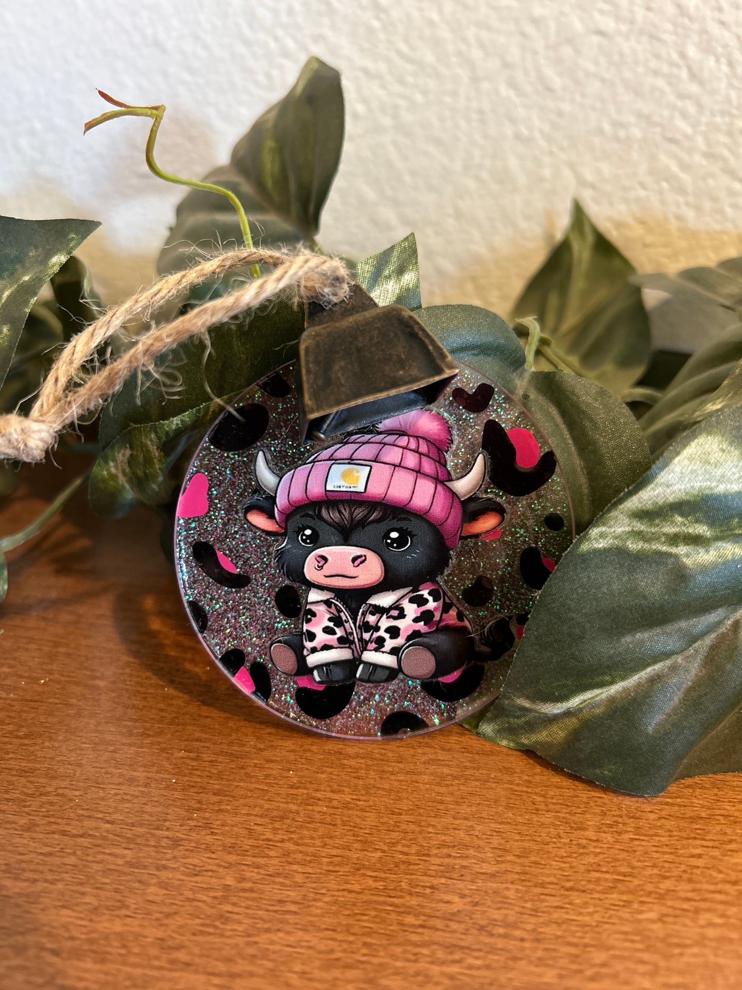 Pink and black Cheetah print Cow Ornament
