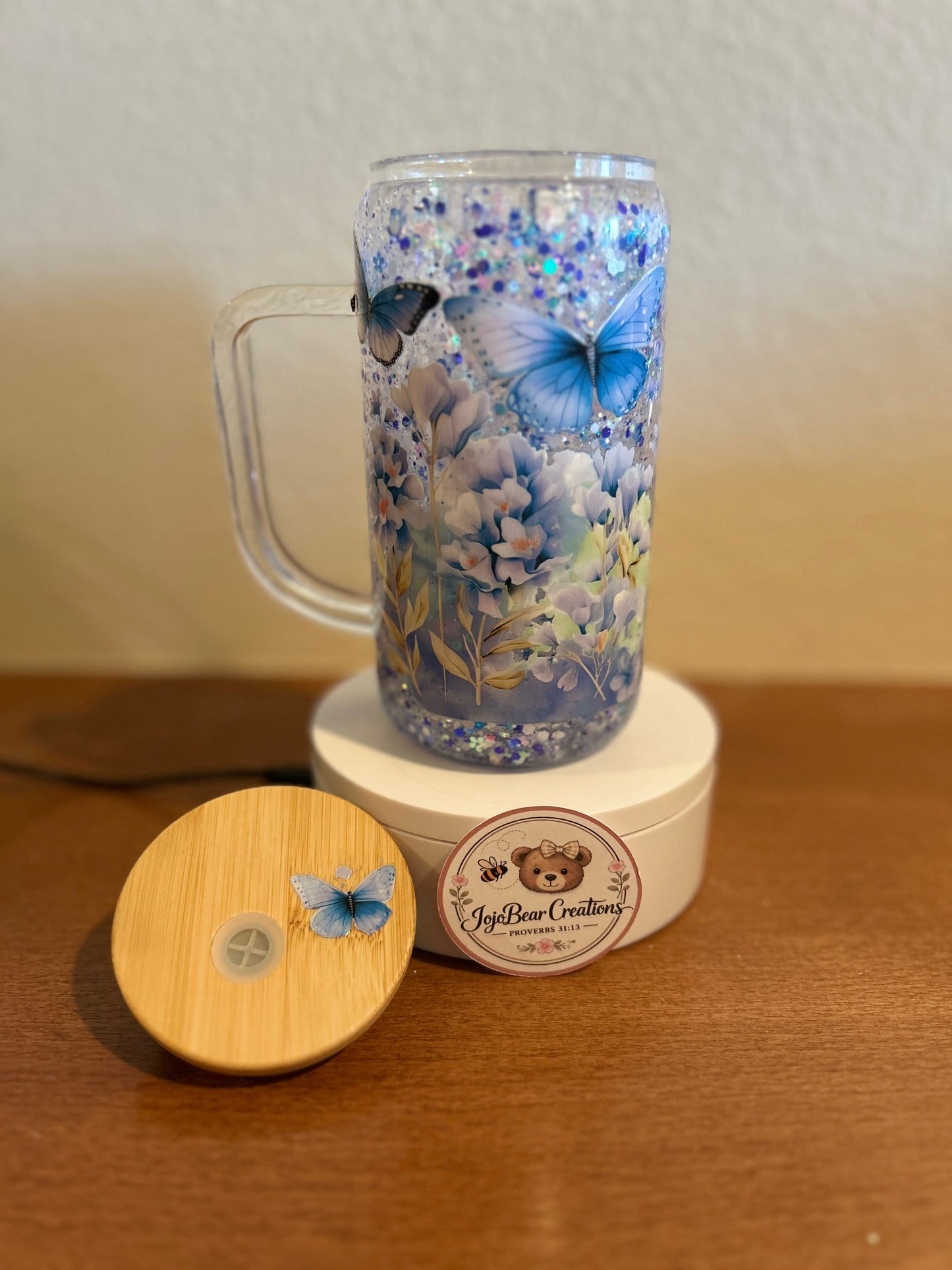 Blue Butterfly Glass tumbler with handle